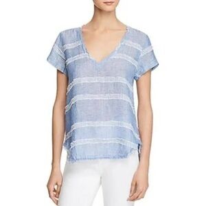 Bella Dahl Blue White Stripe Linen Blend V-Neck High Low Top Size L NWT